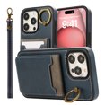 thumbnail image 4 of Wallet Back Case for iPhone 13 Pro with Wrist Strap, Stylish Magnetic Card Holder Finger Ring Kickstand PU Leather Lanyard Shockproof Slim Phone Case Cover for iPhone 13 Pro, Blue, 4 of 9