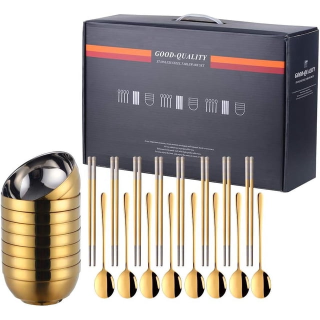 Meisha 304 Stainless Steel Bowl Set, Includes 20oz Rice Bowls, Soup Spoons, Chopsticks, Metal Serving Bowls, Double Walled Soup, Cereal, for Home Kitchen Restaurant - 24PCS, Gold