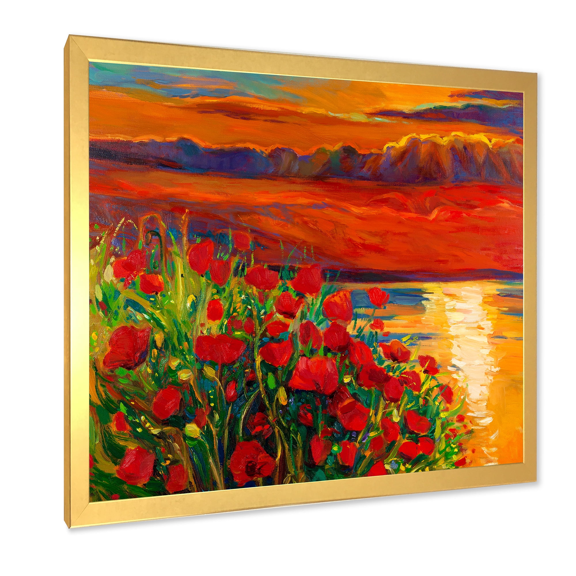 Red Poppies By The Ocean During Evening Glow 36 in x 36 in Framed Painting Canvas Art Print, by Designart