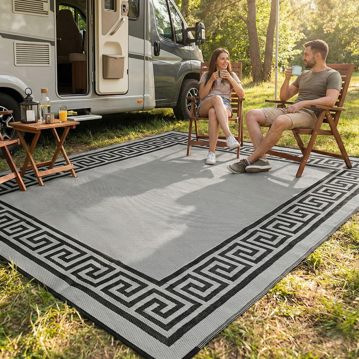 FH Home Outdoor Rug - Waterproof, Fade Resistant, Reversible - Premium Recycled Plastic - Greek Border - Large Patio, Deck, Sunroom, RV, Camping - Athens - Black & White - 9 x 12 ft Foldable