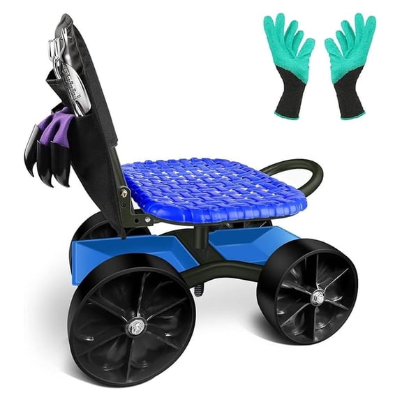 Garden Cart Rolling Stool Four Wheels with Tool Bag and Two Patio Gloves, Stable Workseat Sturdy Carts Adjustable Seat Height and Direction, Gardening Helper