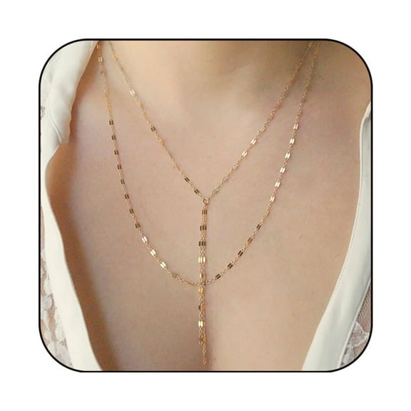 SKQIT Lariat Gold Necklace for Women, Dainty Long Necklace 14k Gold Plated Y-Shaped Layered Beaded Chain Drop Necklaces for Women Trendy Simple Gold Jewelry for Women Gifts