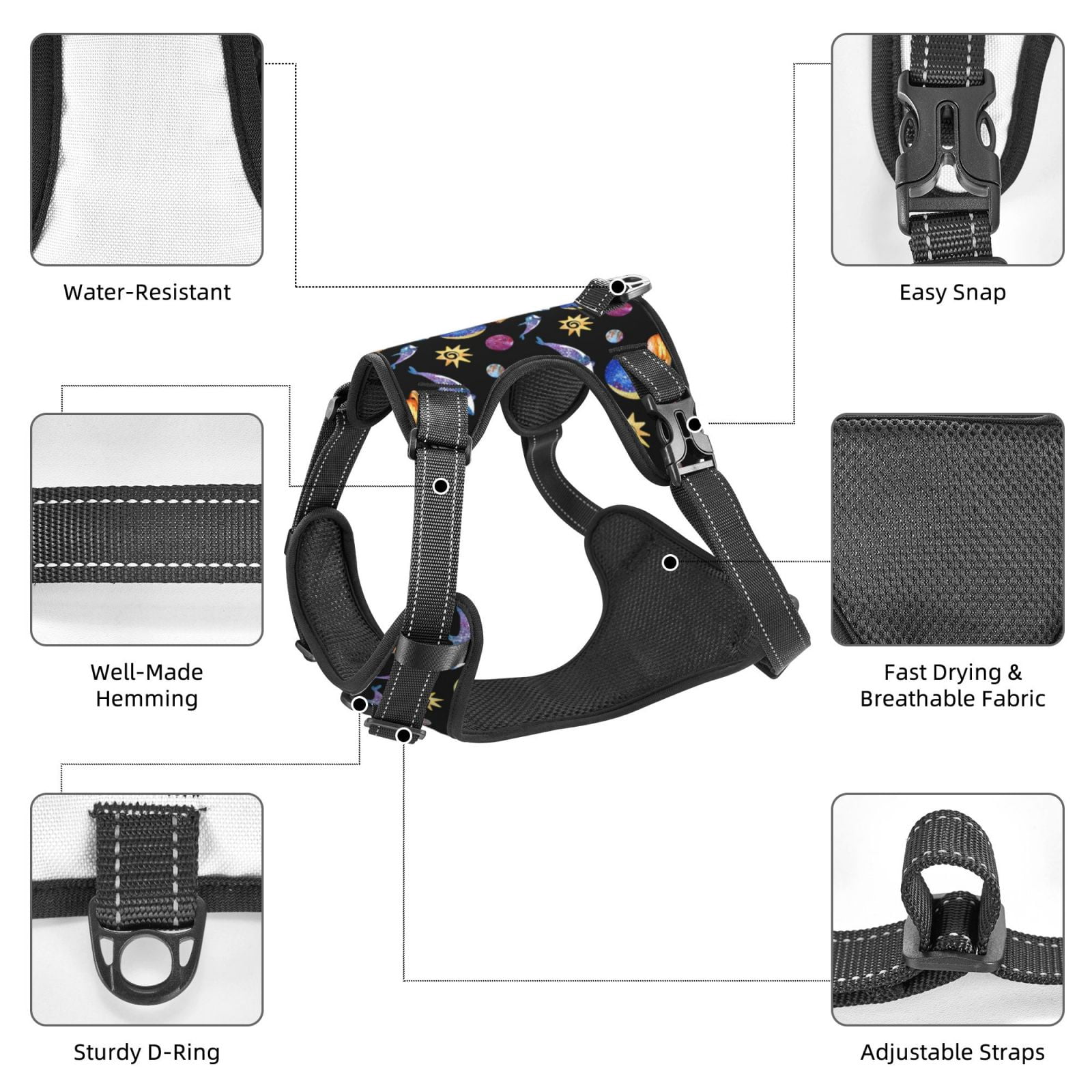 Fuzoiu Whales In Space Print Reflective Dog Harness,Adjustable, Breathable Pet Vest,Dog Harness No Pull,No Choke Pet Vest for Small, Medium, and Large Dogs-Medium
