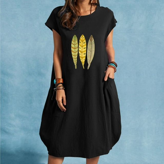 Fankiway Robe Unie à Manches Courtes Col Rond Imprimée avec Poches Robe Midi Grande Taille pour Femmes Rondes Printemps 3821