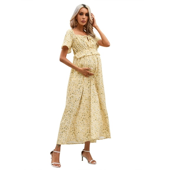 Yesfashion Wholesale Maternity Dress Summer Ruffle Short Sleeve Square Neck Smocked Midi Dress Baby Shower Photoshoot