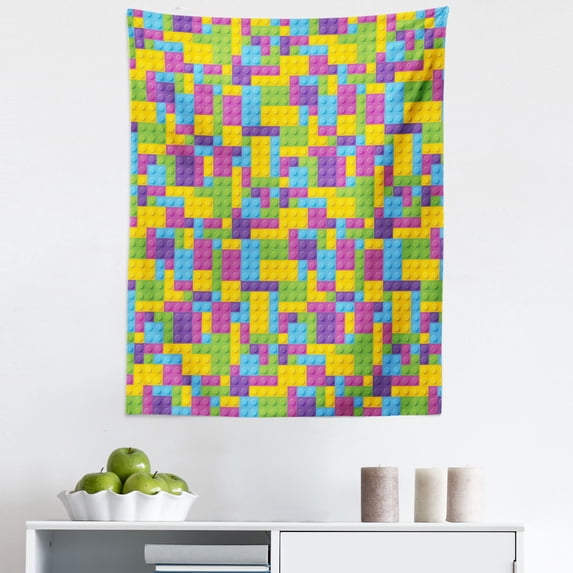 Cartoon Tapestry, Colorful Plastic Construction Blocks Cube Geometric Illustration, Fabric Wall Hanging Decor for Bedroom Living Room Dorm, 5 Sizes, Purple Green Blue, by Ambesonne