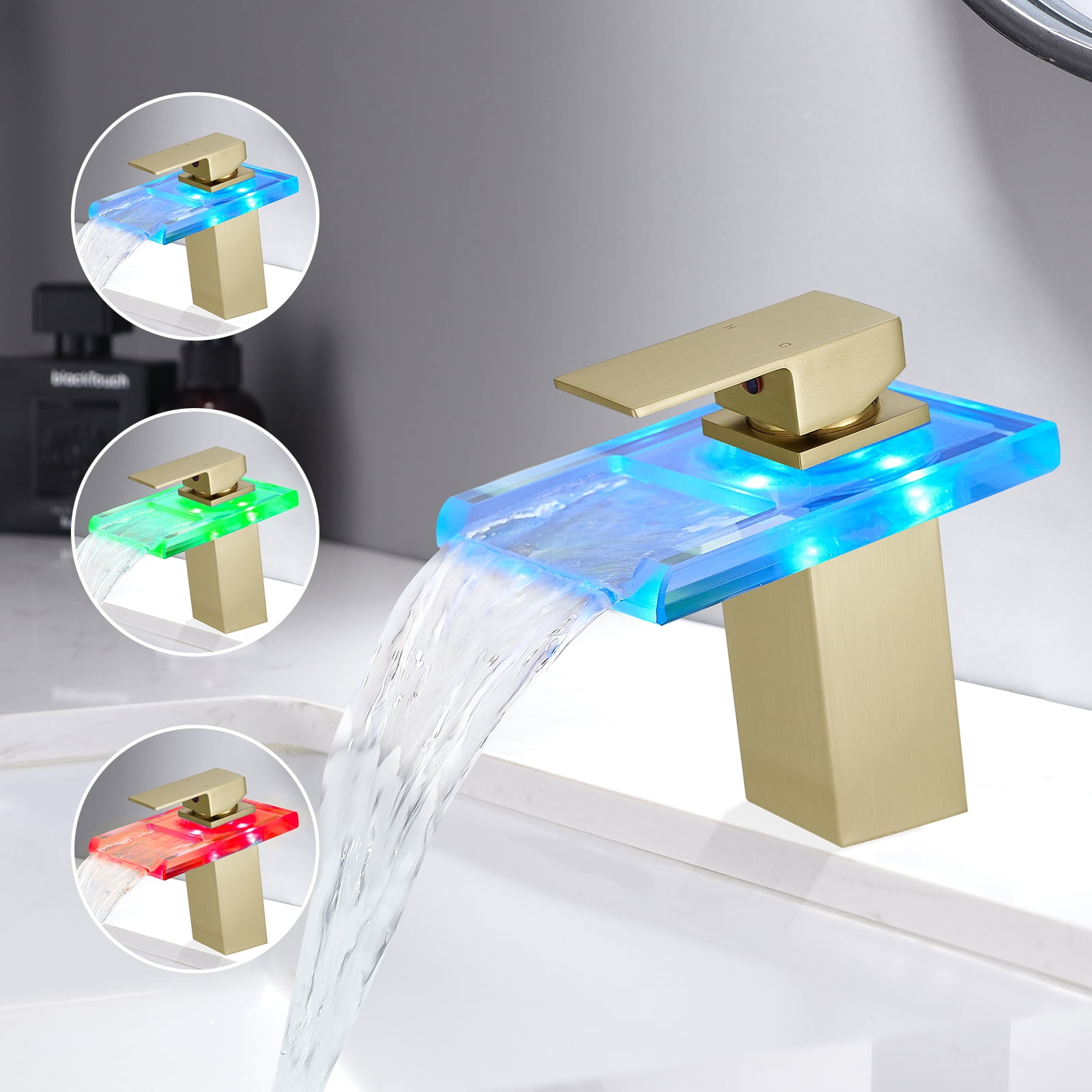 Bathroom Sink Faucet Led Light 3 Colors Changing Waterfall Glass Spout Hot Cold Water Mixer Single Handle One Hole Deck Mounted Bathroom Faucet Black Lavatory Vanity Basin Bath Plumbing