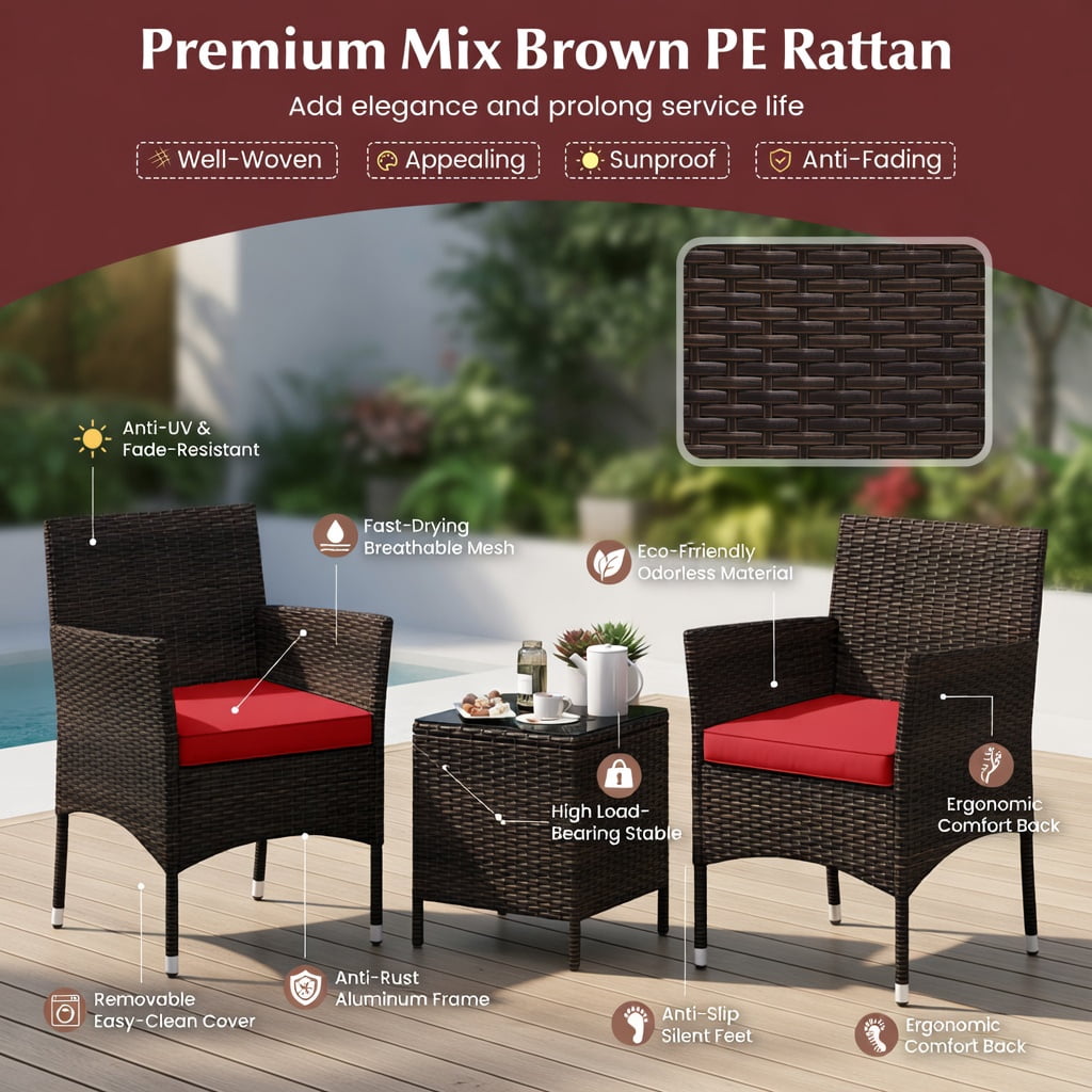 Hommoo 3-Piece Outdoor Wicker Conversation Set, Tempered Glass Coffee Table, PE Rattan & Metal Frame, Weather-Resistant Patio Seating for Backyard, Poolside & Porch, Red