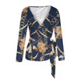 thumbnail image 4 of Camisa irregular elegante para mujer Impreso con cuello en V Manga larga Vendaje Blusa Túnica Arco Tops Fridja czfsfas3959, 4 of 5