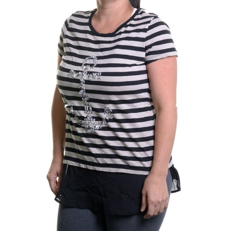 Style & Co Women's Petite Striped Embellished Anchor Tee Size