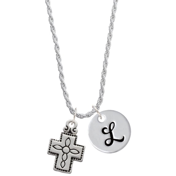 Delight Jewelry Silvertone Large Southwestern Antiqued Cross Silvertone Script Initial Disc - L - Charm Necklace, 20"+3"