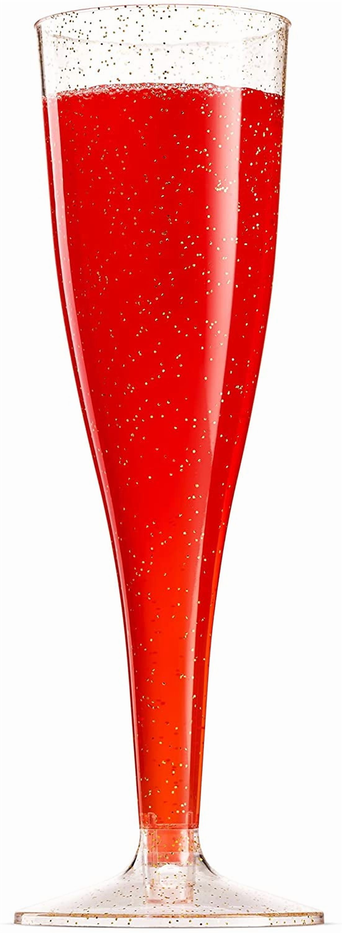 100 Plastic Champagne Flutes - 5 Oz Disposable Gold Glitter Champagne Glasses for Parties, Mimosa Bar, Events, Wedding and Shower Party Supplies - Toasting Cocktail Cups
