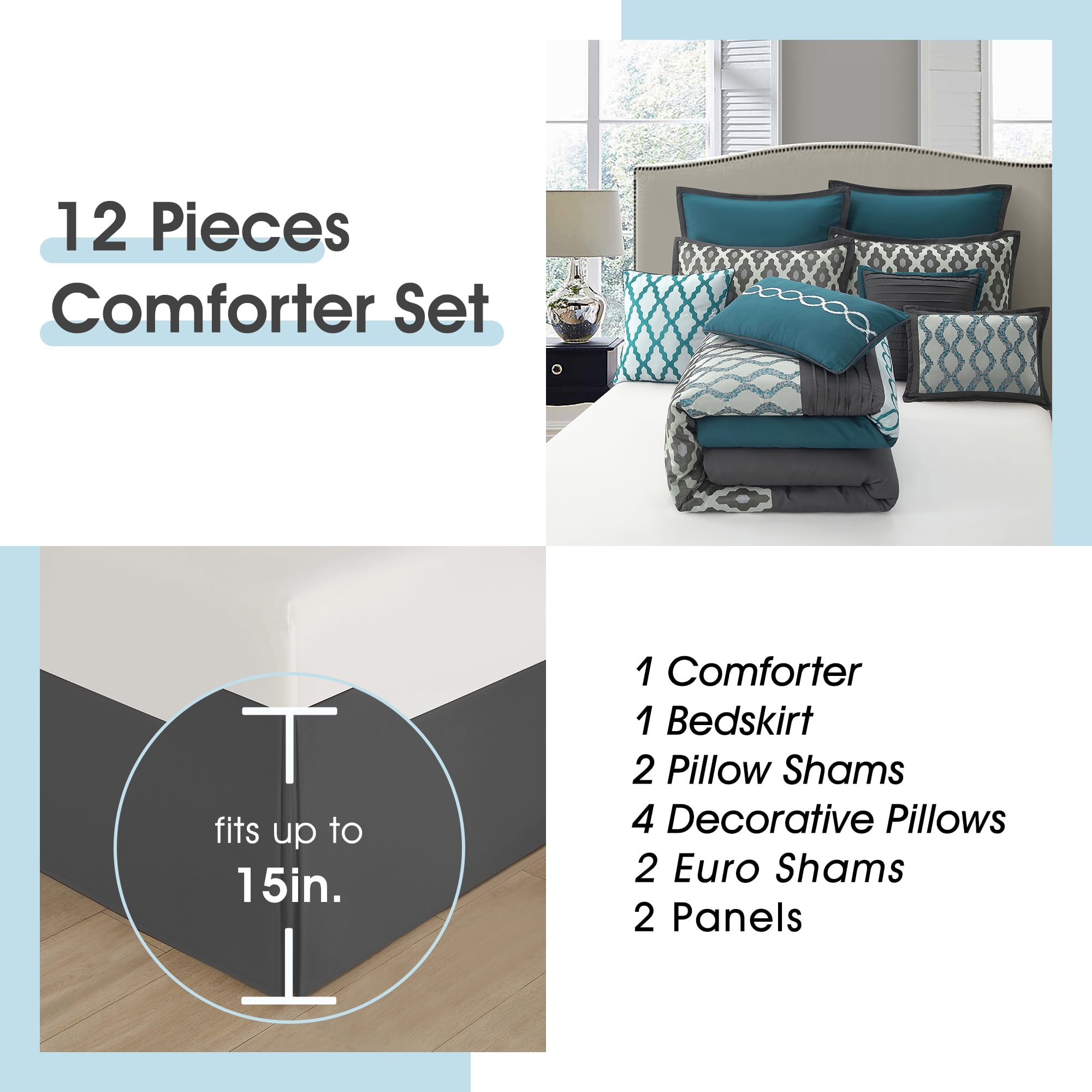 Lanco Geometirc California King Blue Comforter Set, 10 Piece, Jacquard Bedding Comforters & Sets, Bedskirt, Pillows, Euro Shams & Curtains Ultra-Soft