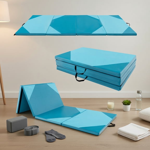 Topcobe 10' x 4' x 2" Folding Exercise Mat with Hook and Loop Fasteners, Easy to Clean Gym Mat, Gymnastics Equipment for Activity Play, Blue
