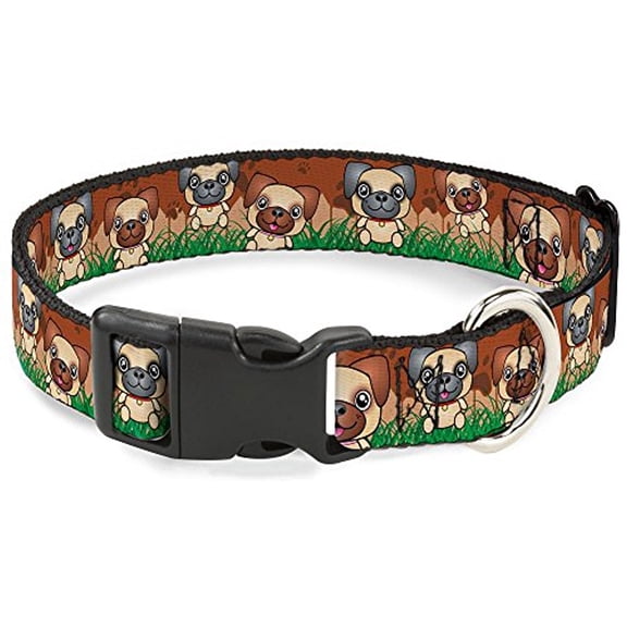 Buckle-Down Pet Collar, Dog Collar Plastic Buckle, Pug Puppies Paw Prints Browns Greens, 15 to 24 Inches 1.0 Inch Wide