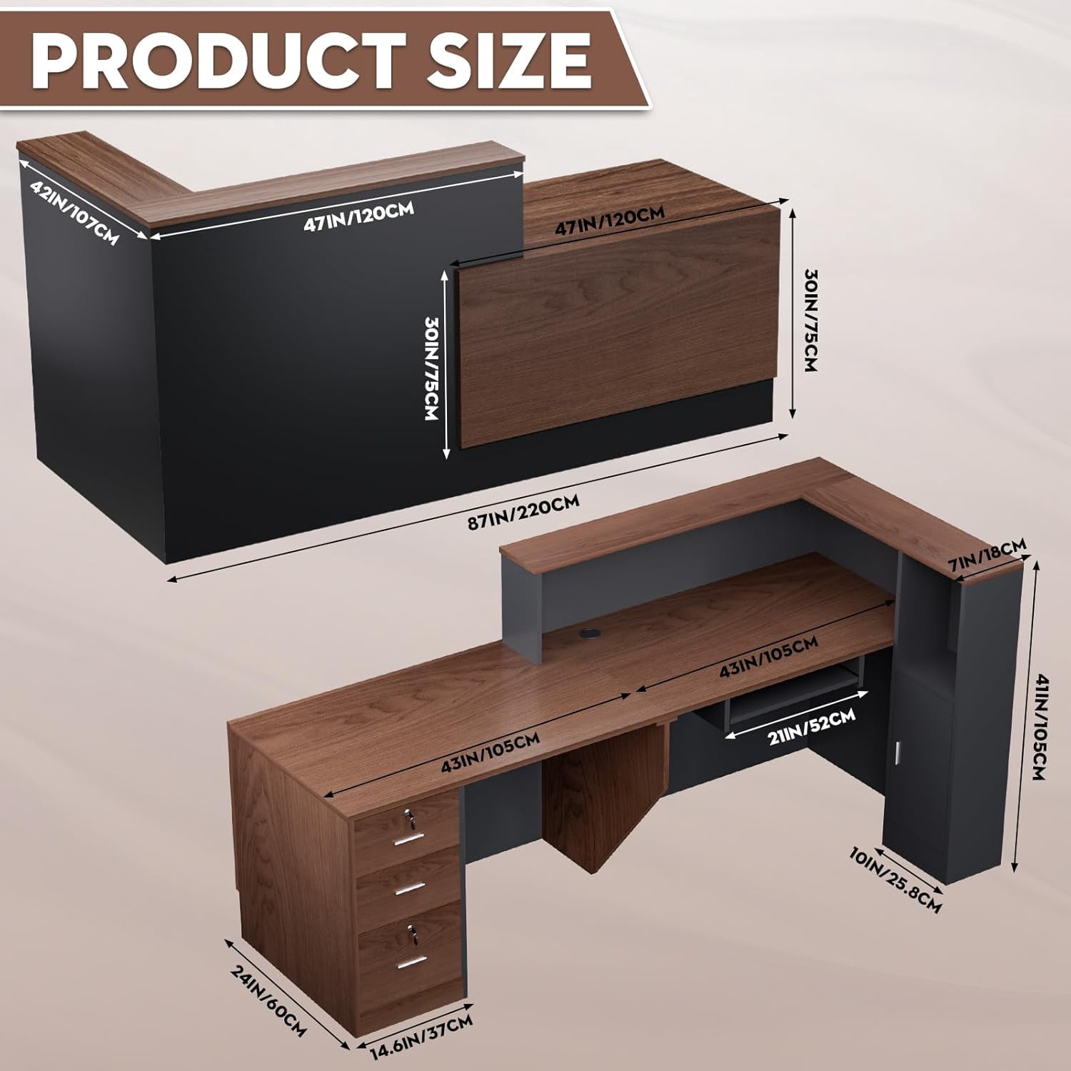 Esheno Commercial L Shaped Reception Desk 87 inch Wooden Front Counter with Lockable Drawers Cabinet Walnut Right Cabinet for Lobby Office Checkout
