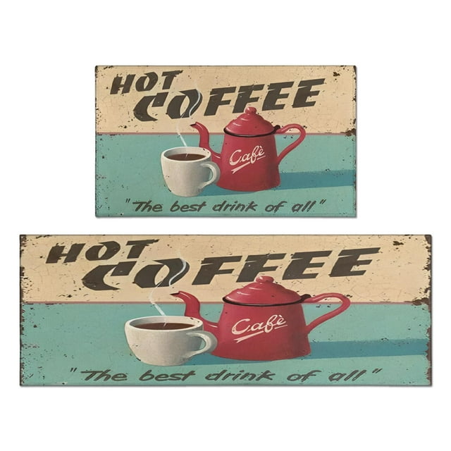 Coffee Black Vintage Pattern Kitchen Rug Set Of 2,Kitchen Rugs Mats with Dirty Resistance,washable,Non-Slip,kitchen Rugs and Mats 17.7x24+17.7x48inch