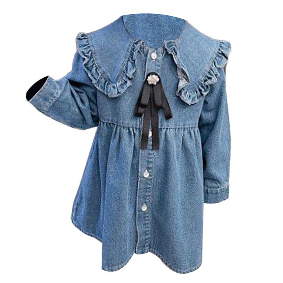 Generic Children's Baby Long Sleeve Dress Girls' Denim Kid Toddler Spring Autumn Top with Clothing Fashion Blouse Girl Belted Denim Dress Above Knee Length(1-2 Years,Blue)