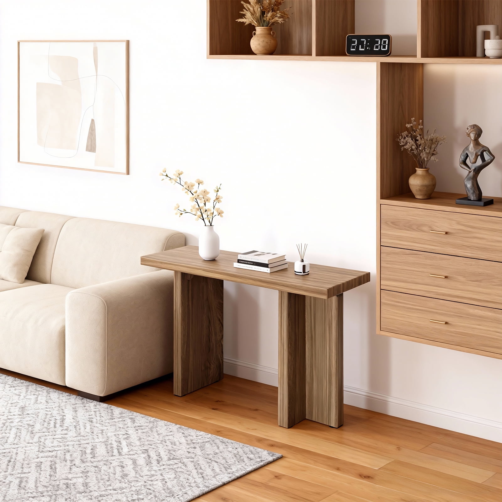 42 Inch Oak Entryway Console Table, T-Leg MDF Table with 3D Paper Laminate, Narrow Table for Hallway Living Room