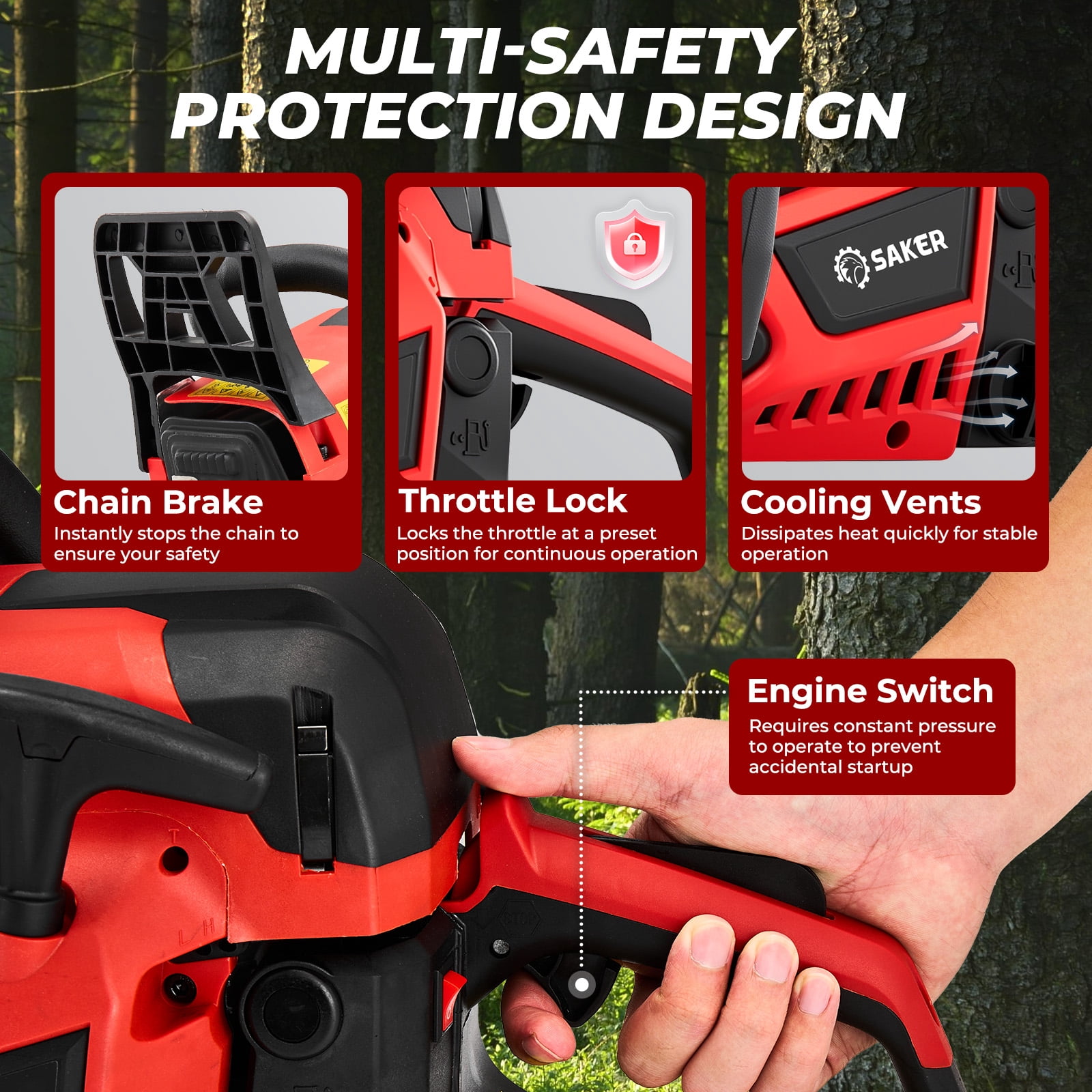 Saker 58cc Gas Chainsaw with 20-Inch Bar, 3.2HP, 2-Cycle Handheld Cordless Gas Powered Chainsaw for Heavy-Duty Wood Cutting & Tree Trimming