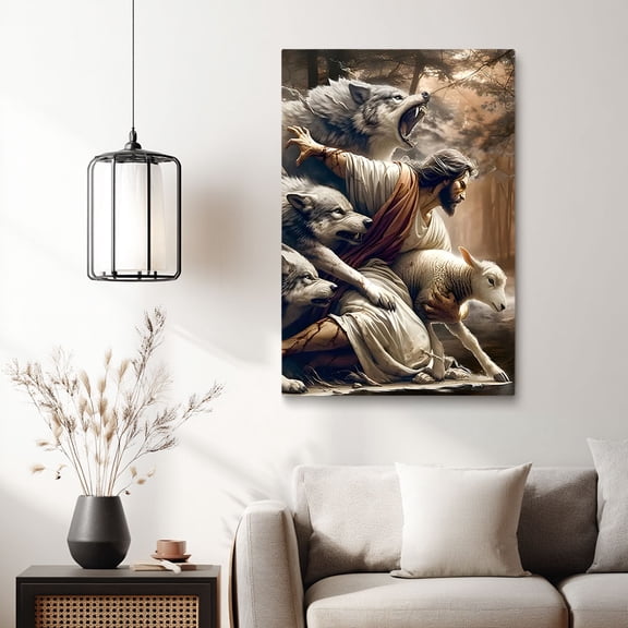 Jesus Protecting Lamb Christian Canvas Wall Decor Ready to Hang Church Bedroom