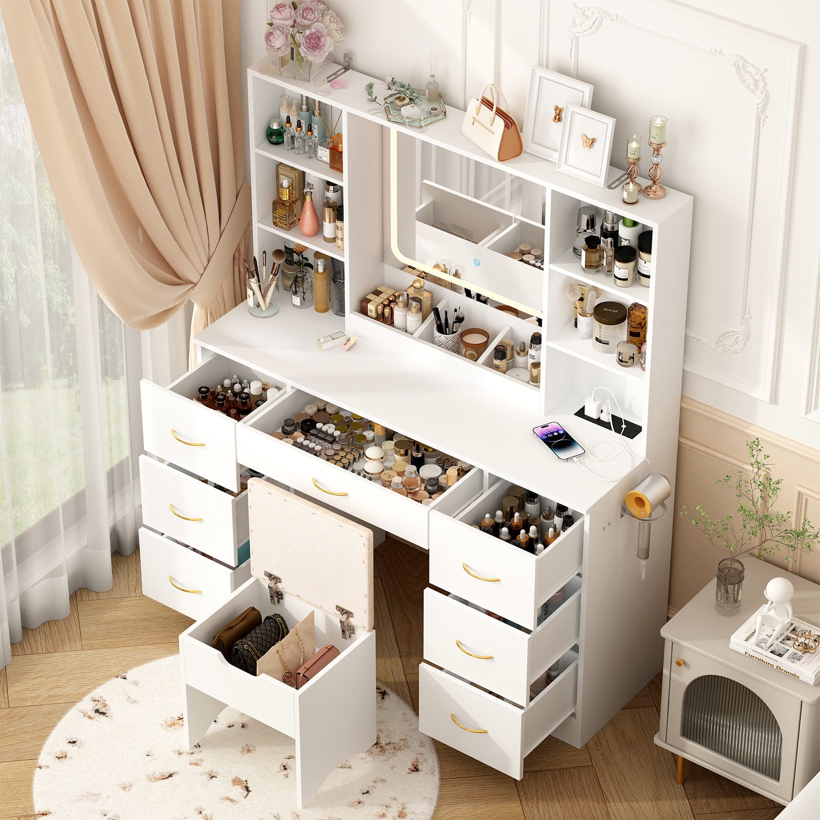 47" Large Vanity Desk with LED Lighted Mirror & Power Outlet & 7 Drawers, Makeup Vanity Table Set with Storage Stool and Hair Dryer Rack, White