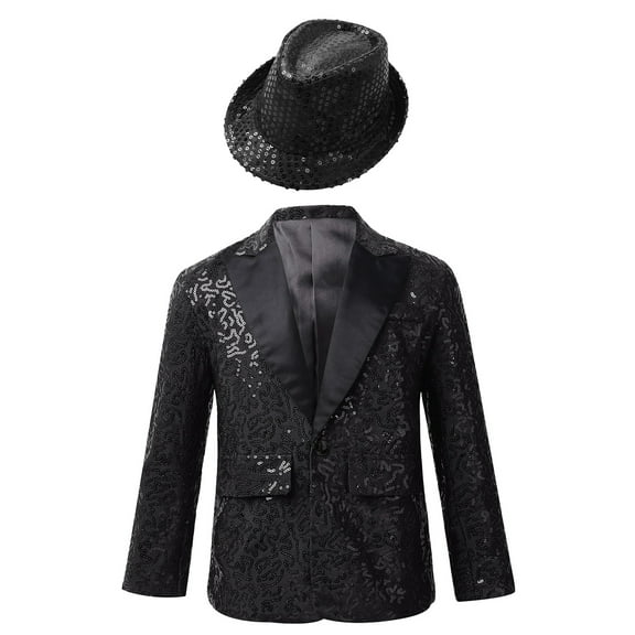 MSemis Kids Boys Shiny Sequin Suit Jacket Party Blazer Dance Tuxedo Costume with Hat,Size 6-16 Black 12