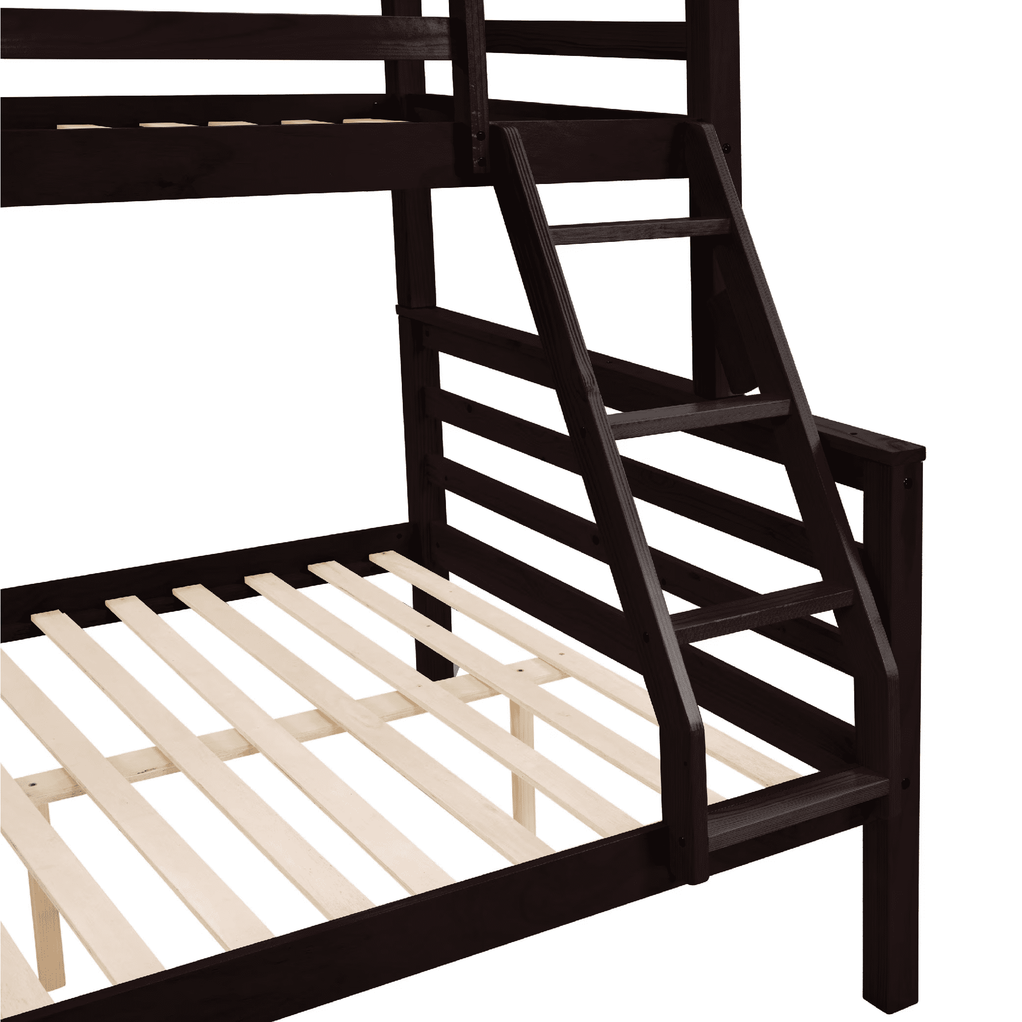MAYEERTY Twin over Full Bunk Bed with Thick Posts, Wooden Bed Frame with High Guardrail and Ladder for Kids, No Box Spring Needed, Espresso