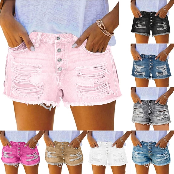 Nkmbld Womens Ripped Jean Shorts Frayed Hem Button Fly Summer Casual Shorts Denim Shorts