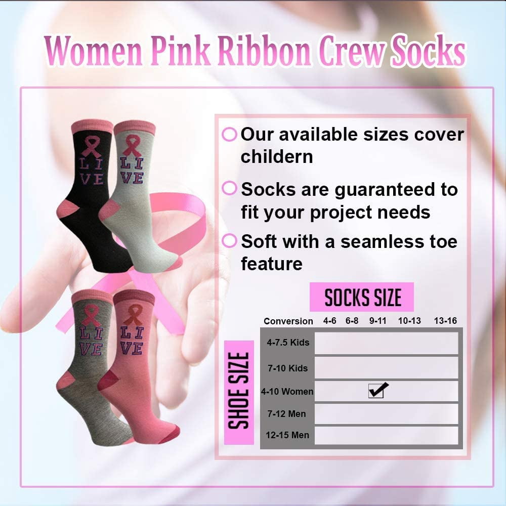 Yacht & Smith Pink Ribbon Breast Cancer Awareness Ankle/Crew Socks for Women (Assorted Crew, 12)