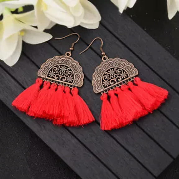 HOOUN Fashion Women Bohemian Earrings Long Tassel Fringe Drop Dangle Ear Stud Jewelry-Red