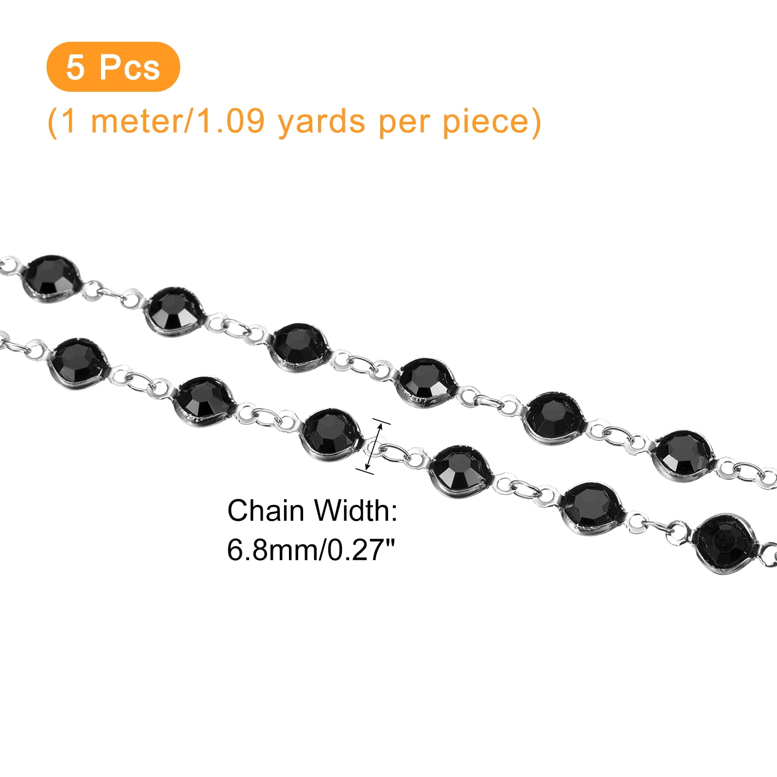 5Pack 5 Yards Rhinestone Chain, Black Beaded Chain with Silver Plated Brass