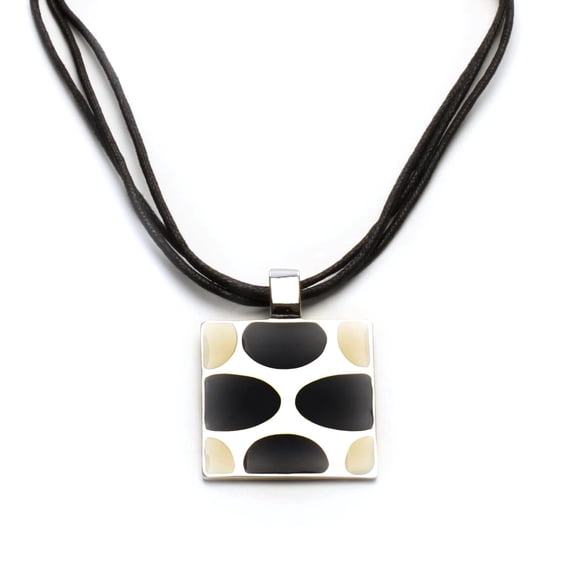 Geometric Art Deco Square Pendant Necklace with Black and White Design on Cotton Cord Jewelry Necklace