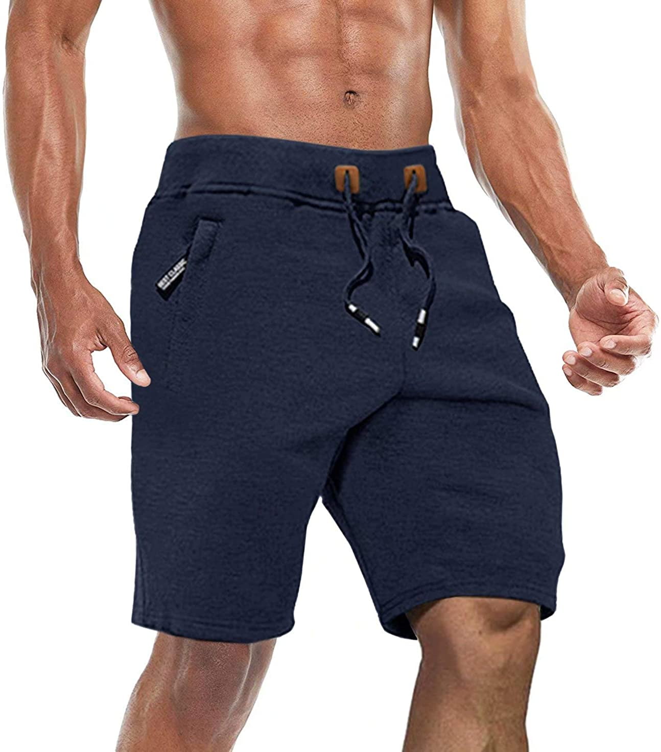 CRYSULLY Men's Cotton Joggers Casual Workout Shorts Running Shorts with Zipper Pockets 