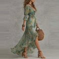 thumbnail image 2 of Green Floral Print V-Neck Wrap Maxi Dress With Ruched Waist And Flared Sleeves, 2 of 5