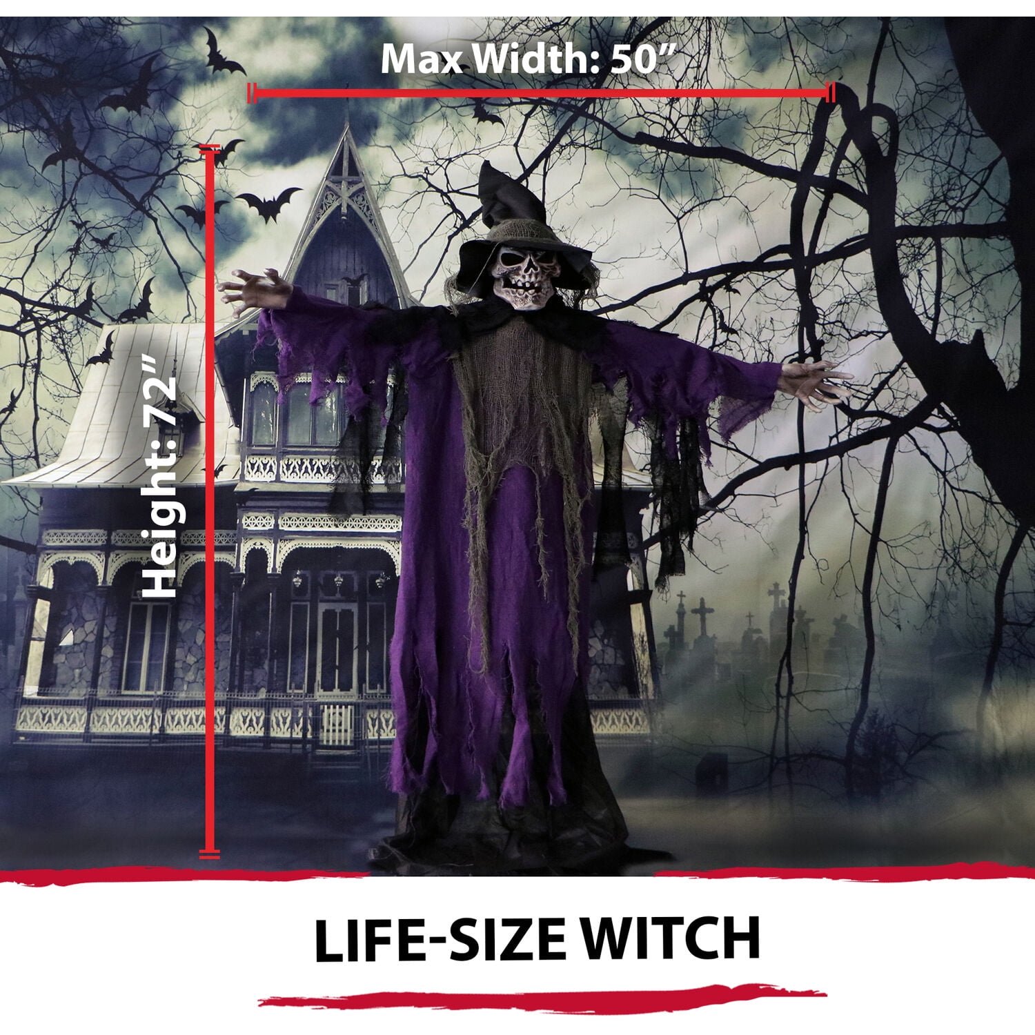 Haunted Hill Farm Life-Size Skeleton Witch Prop w/ 6-Function Multi-Color Light, Multicolor