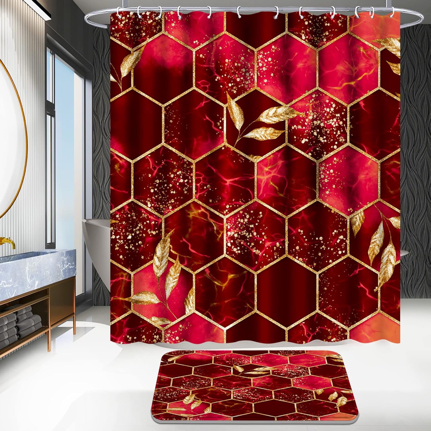 4 Pcs Bathroom Shower Curtain Set,Bathroom Sets with Rugs(Bath Mat,U Shape and Toilet Lid Cover Mat) and 12 Hooks,Sky Blue Honeycomb Marble