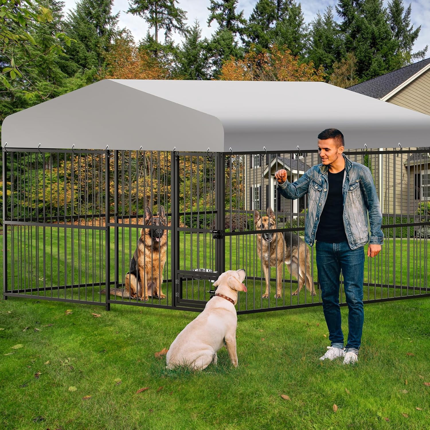 Lumiparty 10x10x6 FT Large Dog Kennel Outdoor, Heavy-Duty Outdoor Dog Cage with Lock and Waterproof Roof, Swivel Stainless Steel Feeding Bowl- Easy Assembly for Medium & Large Dogs