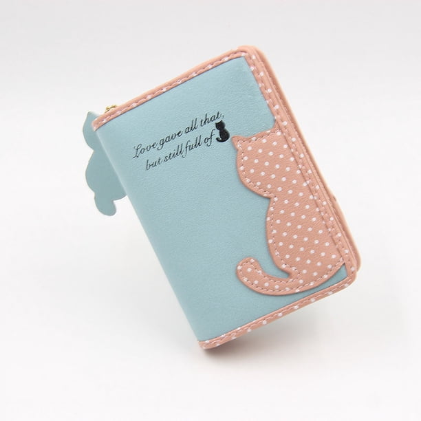 Cartera de mujer estilo coreano con cremallera de medio lado y diseño de gato de dibujos animados, cartera pequeña plegable para estudiantes, monedero de mano para mujer