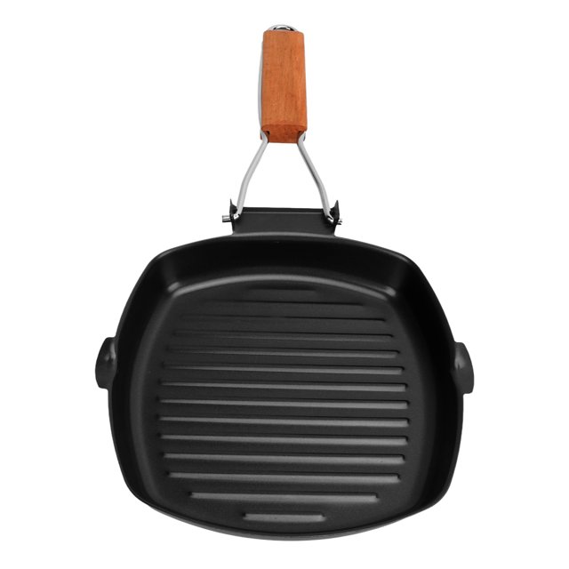 Portable Folding Non Stick Frying Pan with Anti Scald Wooden Handle Cast Iron for Cooking Camping Dining
