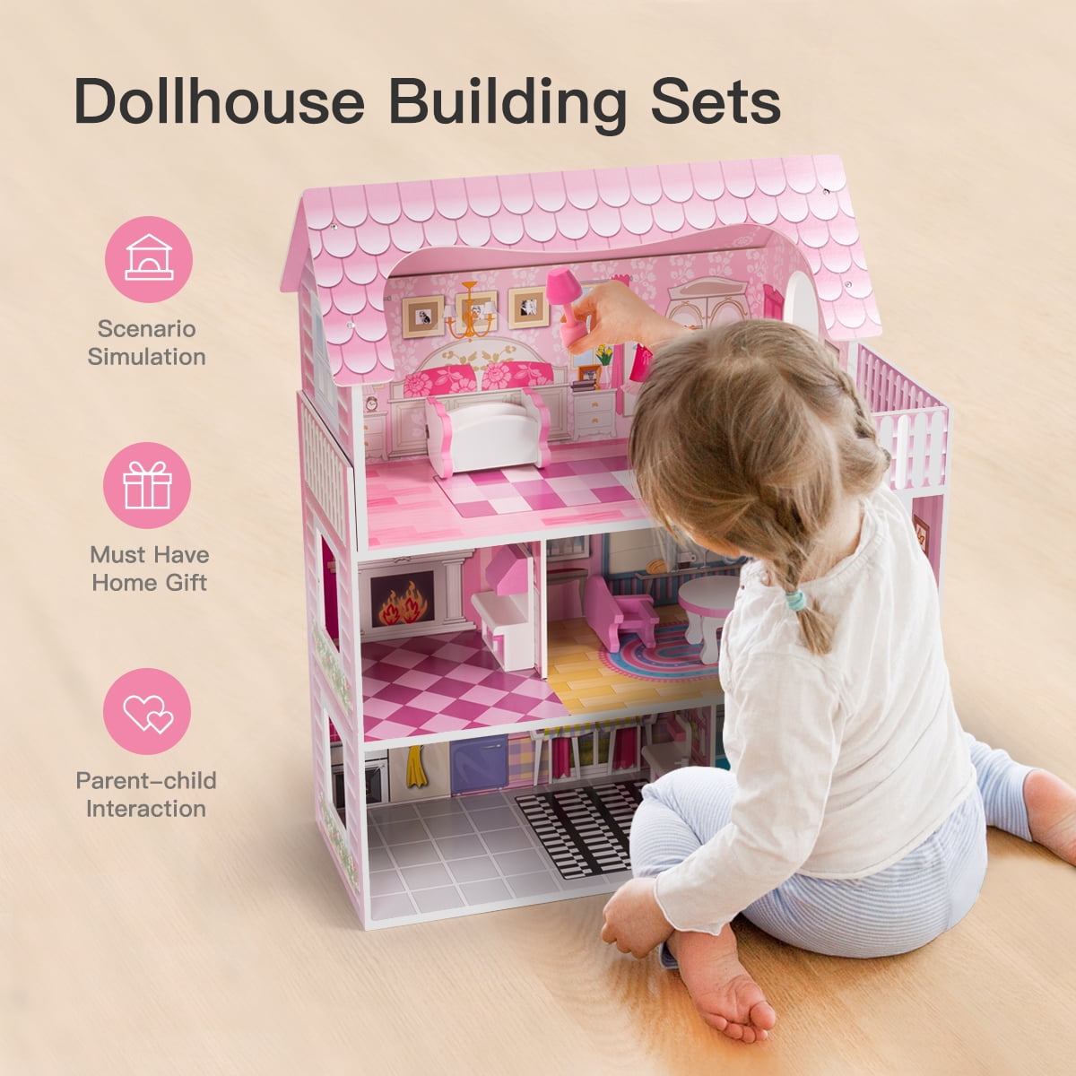 Costzon Dollhouse, Toy Family House with 8 pcs Furniture, Play Accessories,  Cottage Uptown Doll House, Dream Doll House Playset for Girls (Three