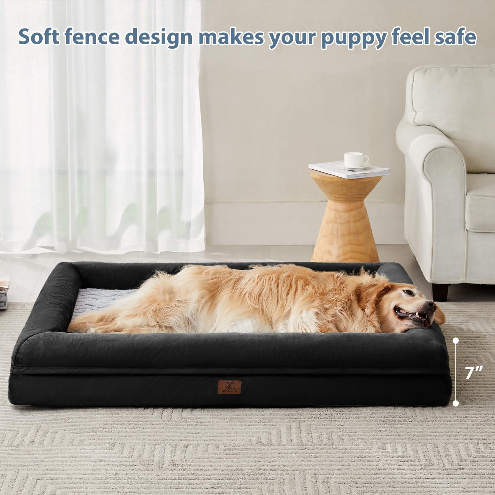 Extra Large Dog Bed Black Washable Couch with Removable Waterproof Cover Orthopedic Pet Sofa Bolster Sides for Sleeping