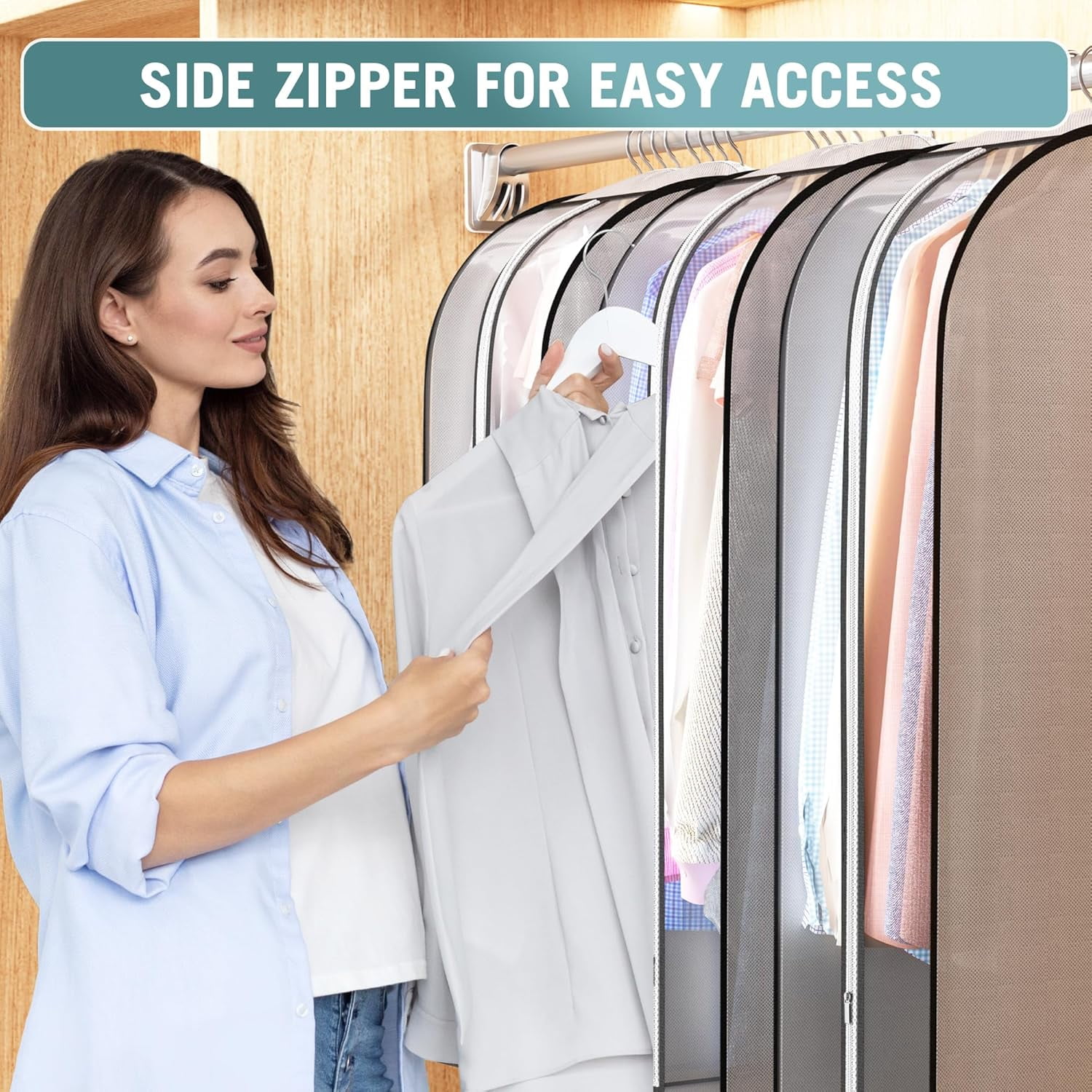 Gusseted Garment Bags for Hanging Clothes, Suit Bags for Open Closet Storage, Side Clear Clothing Cover for Coat, Dress, Jacket, Shirt, Fur Wardrobe Protector, Grey