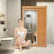1-Person Wooden Far Infrared Sauna Room,with configuration 800W, Atmosphere light,2 Bluetooth Speakers,Time&temperature preset,Touch control,Automatic power-off system for overheating,Carbon heater
