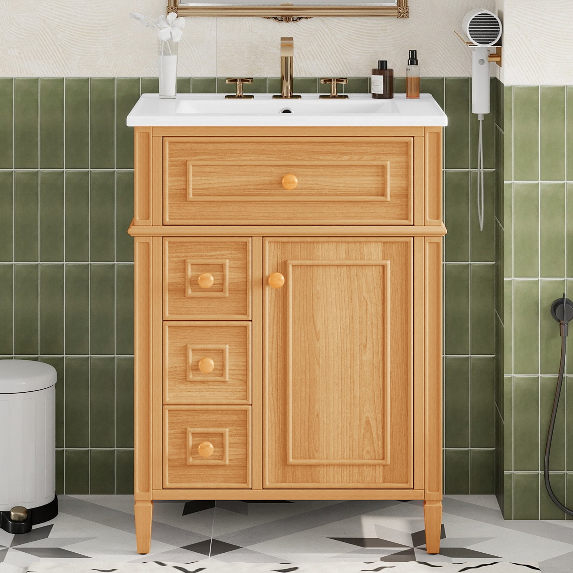 Harper & Bright Designs 24" Small Bathroom Vanity with Sink Top, Free Standing Single Basin Vanity Set with Flip-Out Drawer, 2 Soft-Close Drawers, 1 Soft-Close Door, Solid Wood & MDF, Wood