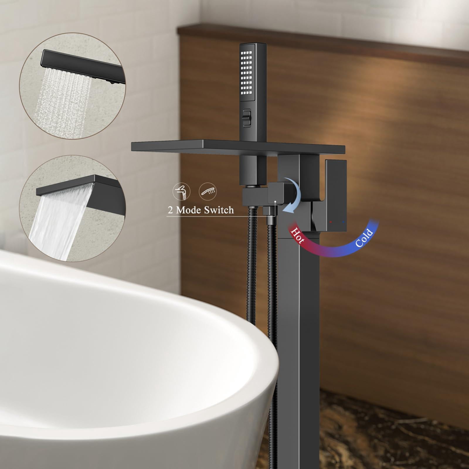 Freestanding Bathtub Faucet Matte Black Floor Mount Tub Filler With Handheld Sprayer