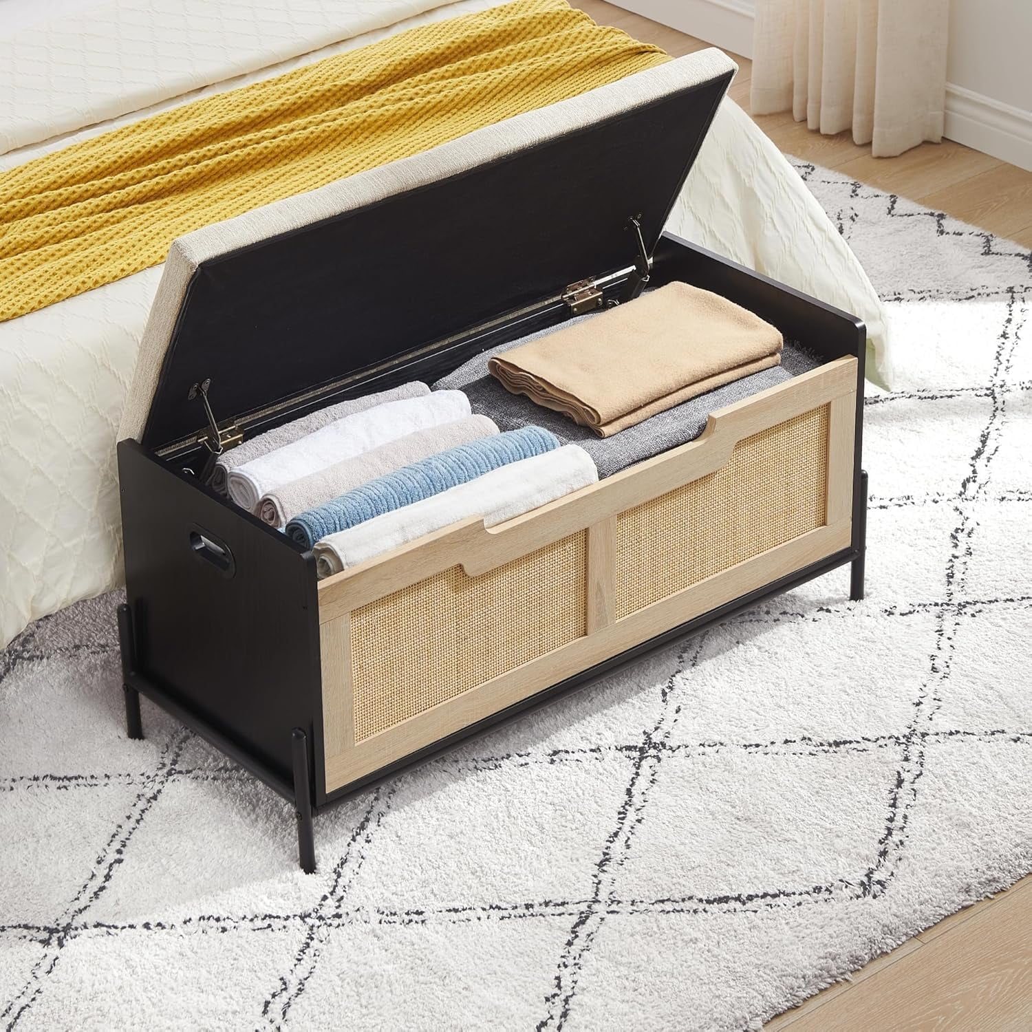 Rattan Storage Bench with 2 Safety Hinges, Toy Box, Entryway Storage Chest with Cushion, Supports 260 lb, Black