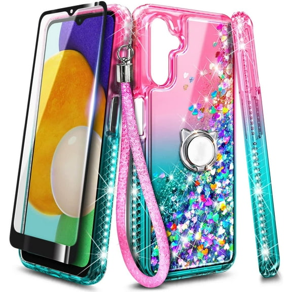 Case for Samsung Galaxy A13 5G / A13 4G with Tempered Glass Screen Protector (Maximum Coverage), Ring Holder/Wrist Strap, Glitter Liquid Floating Waterfall Durable Girls Cute Phone Case (Pink/Aqua)