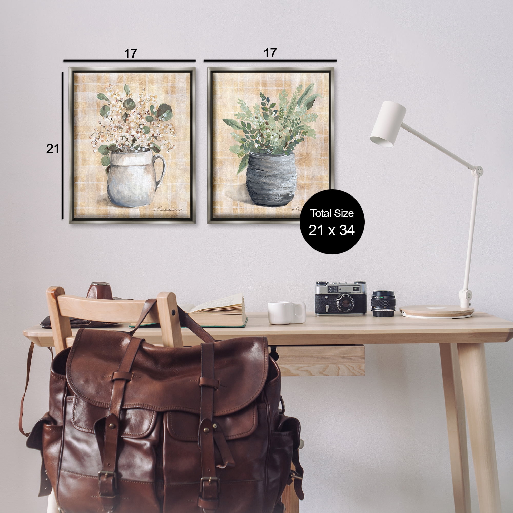 Stupell Industries Traditional Flowers Pitcher Pot Plants & Flowers Painting Gray Floater Framed Canvas Art Print Wall Art, 17 x 21, Set of 2