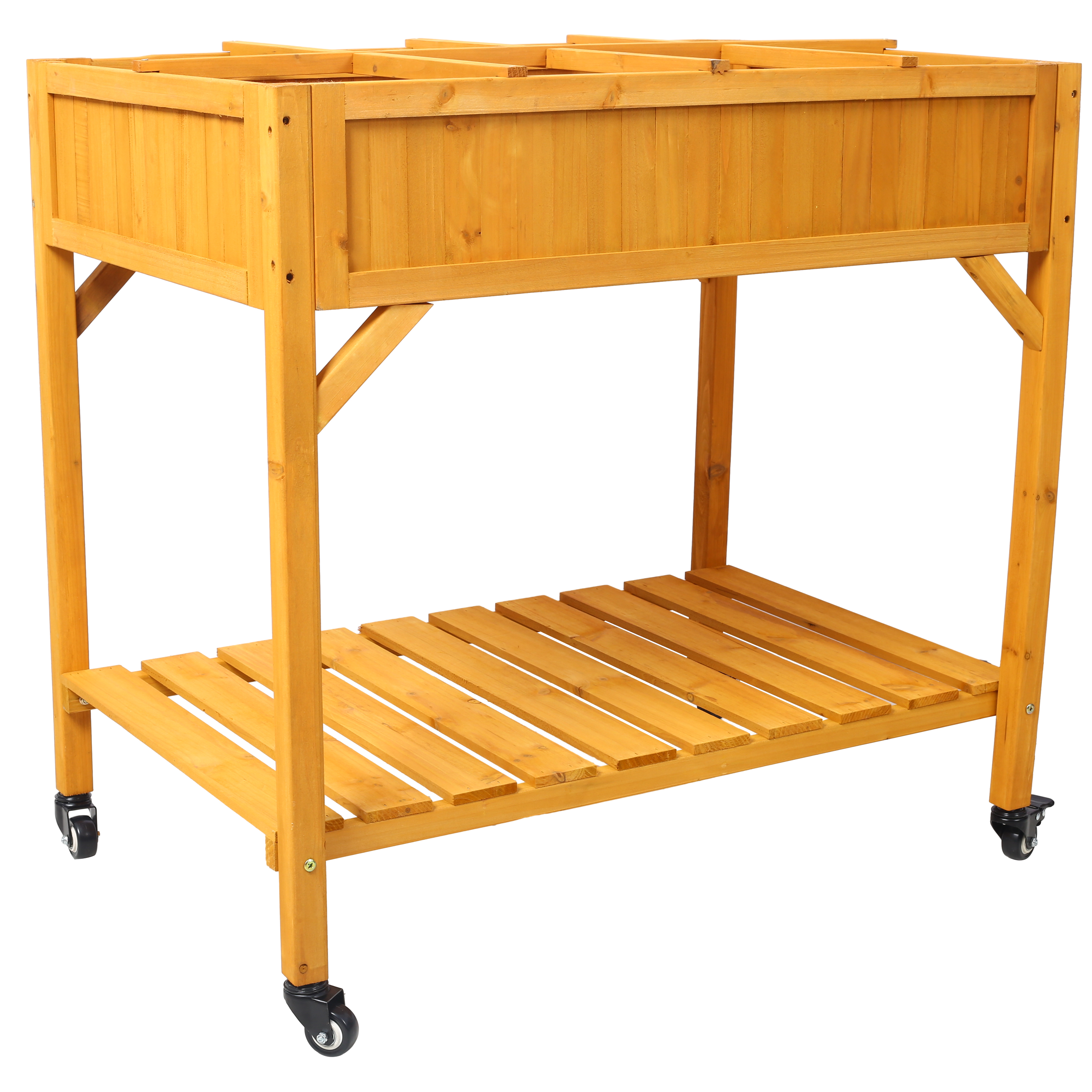 Elevated 8 Pocket Herb Garden Bed Mobile Raised Wooden Planter w/ Lockable Wheels Storage Shelf Fir Wood Material 36" x 24.25" x 34.625"